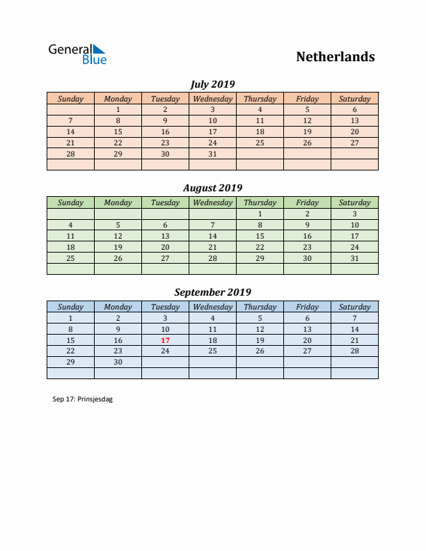 Q3 2019 Holiday Calendar - The Netherlands