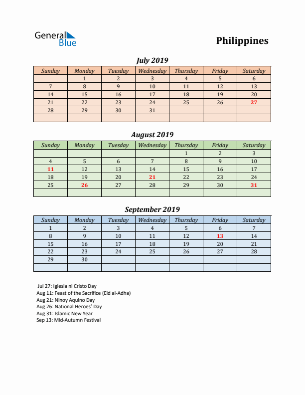 Q3 2019 Holiday Calendar - Philippines