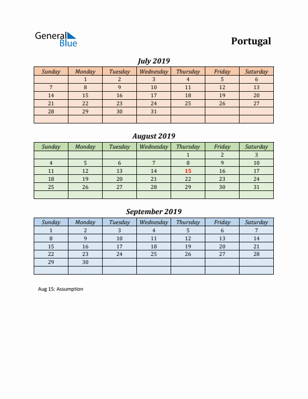 Q3 2019 Holiday Calendar - Portugal