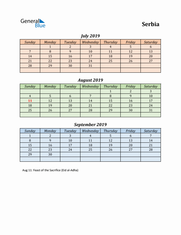 Q3 2019 Holiday Calendar - Serbia