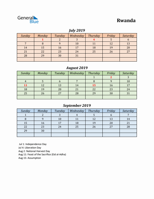 Q3 2019 Holiday Calendar - Rwanda