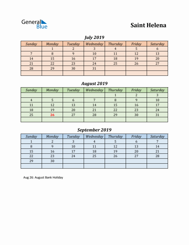 Q3 2019 Holiday Calendar - Saint Helena