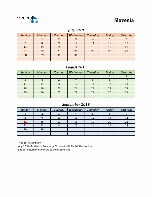 Q3 2019 Holiday Calendar - Slovenia