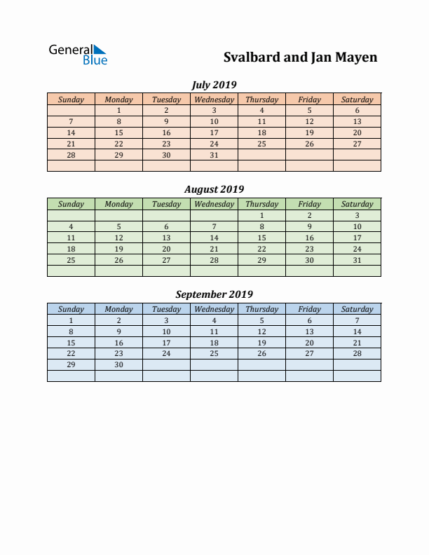 Q3 2019 Holiday Calendar - Svalbard and Jan Mayen