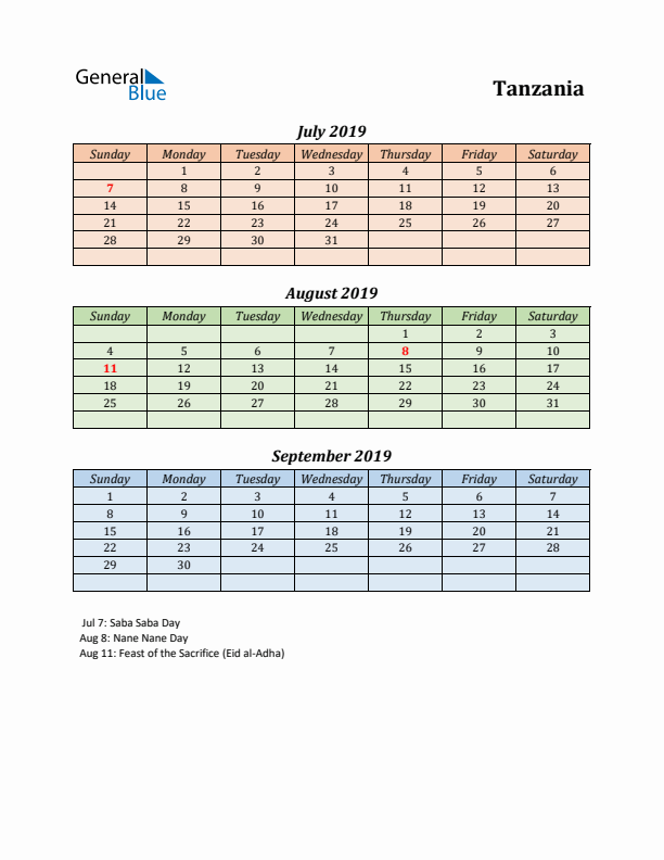 Q3 2019 Holiday Calendar - Tanzania