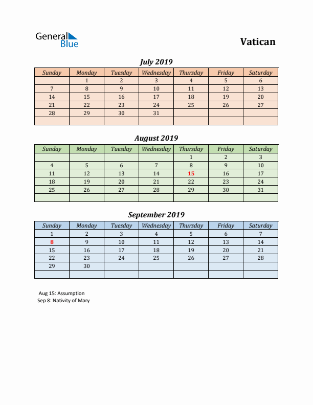 Q3 2019 Holiday Calendar - Vatican