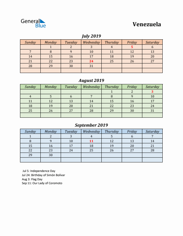 Q3 2019 Holiday Calendar - Venezuela