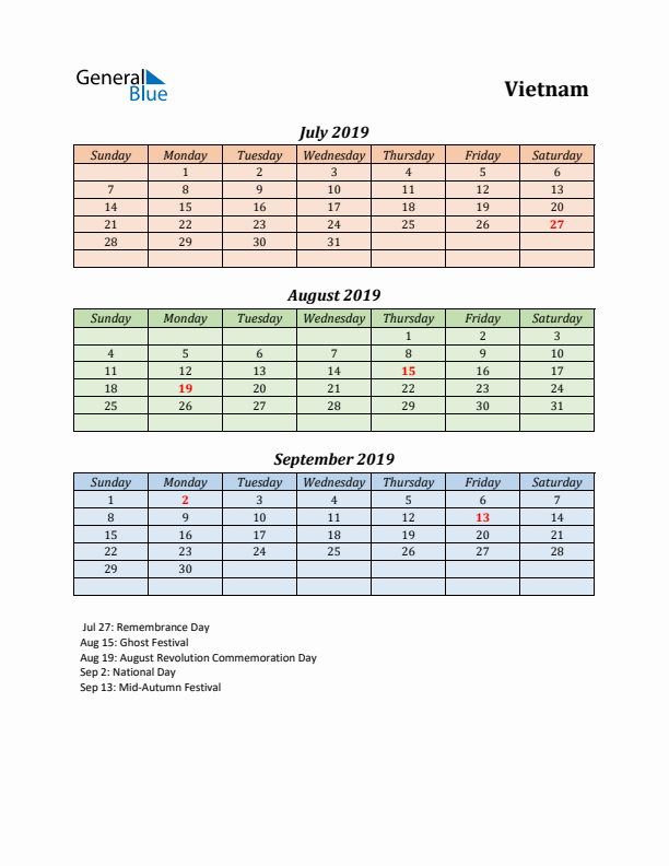 Q3 2019 Holiday Calendar - Vietnam