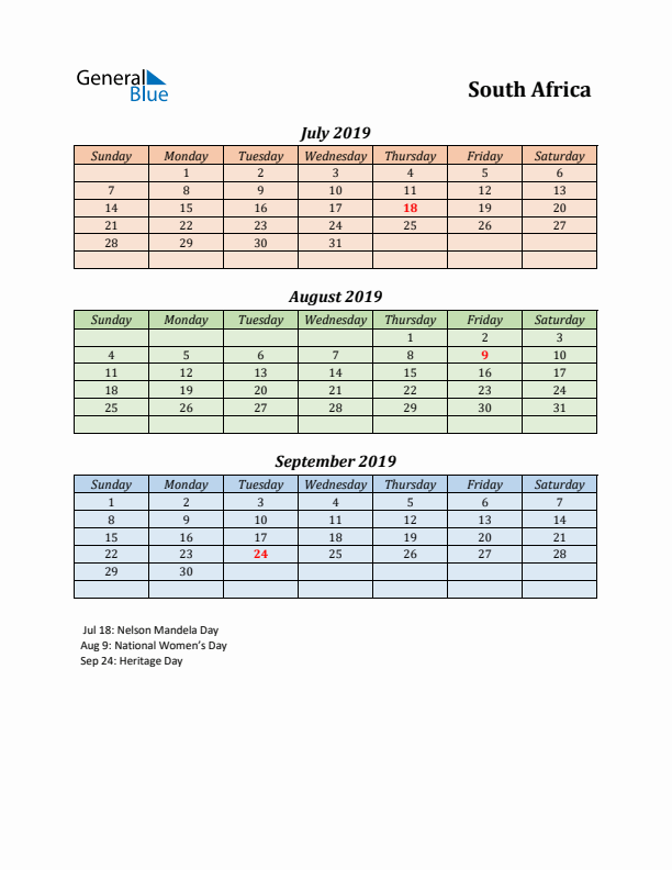 Q3 2019 Holiday Calendar - South Africa