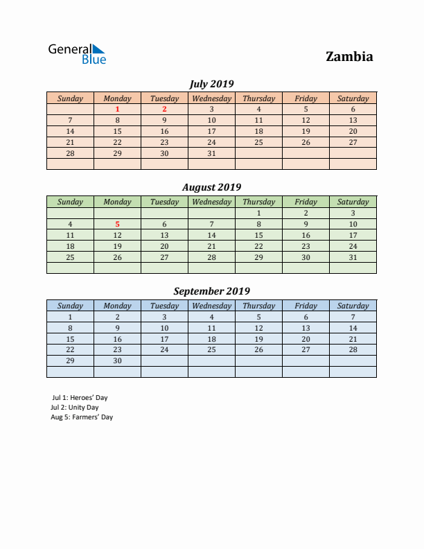 Q3 2019 Holiday Calendar - Zambia