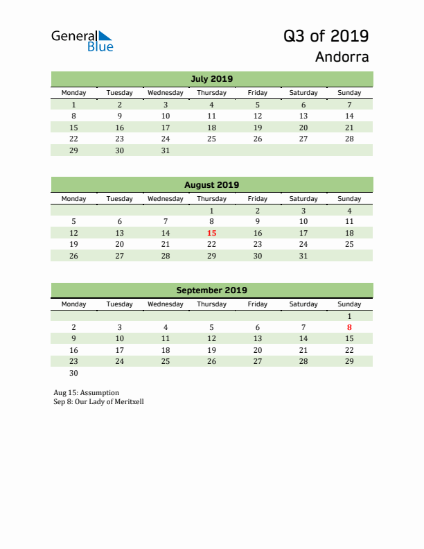 Quarterly Calendar 2019 with Andorra Holidays