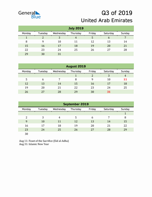 Quarterly Calendar 2019 with United Arab Emirates Holidays