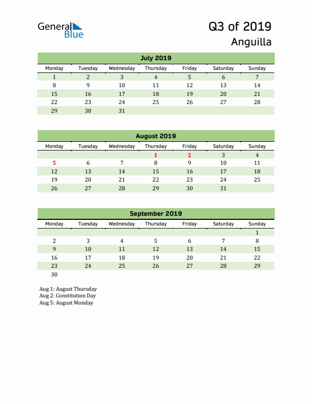 Quarterly Calendar 2019 with Anguilla Holidays