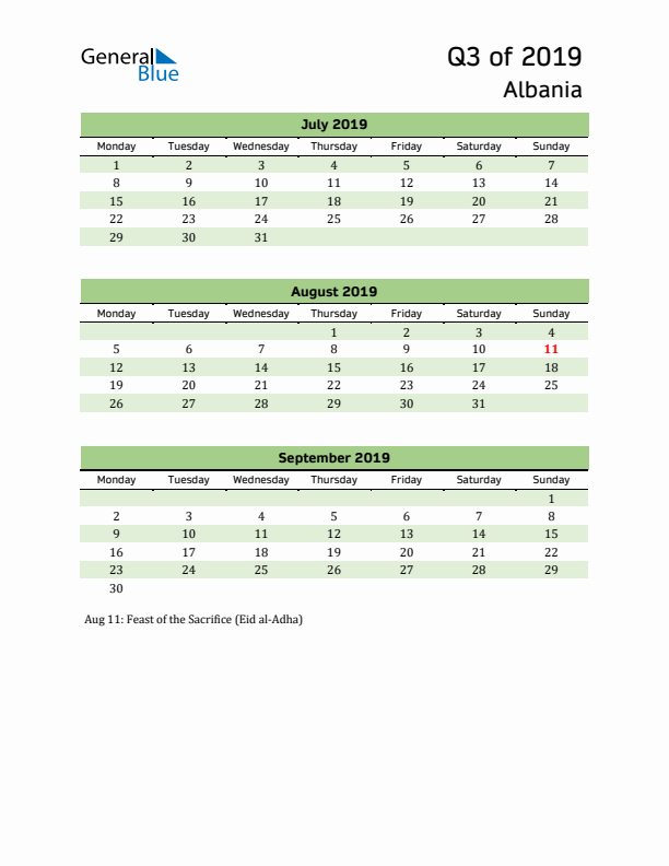 Quarterly Calendar 2019 with Albania Holidays