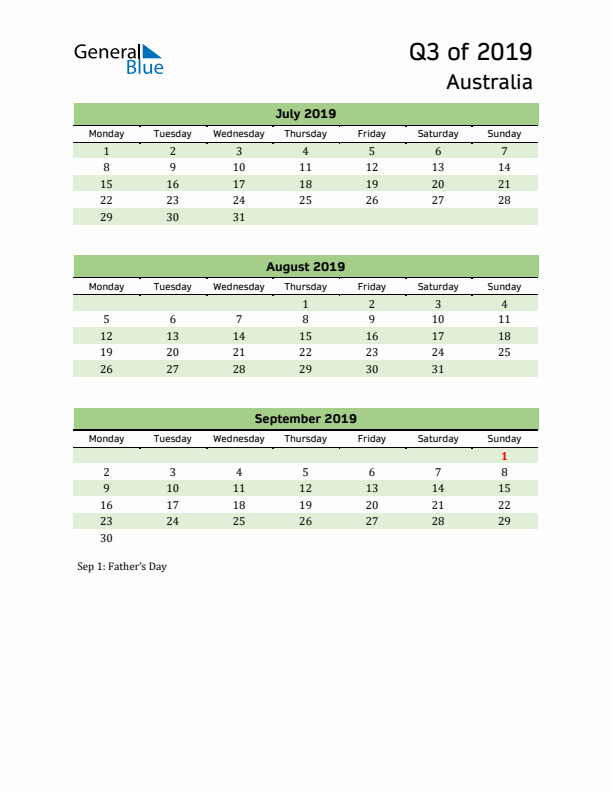 Quarterly Calendar 2019 with Australia Holidays