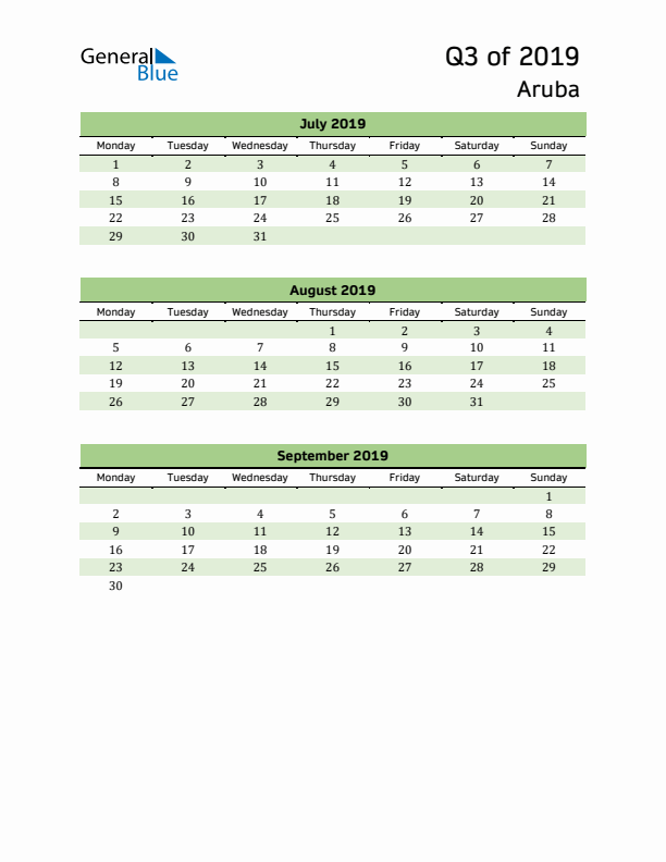 Quarterly Calendar 2019 with Aruba Holidays