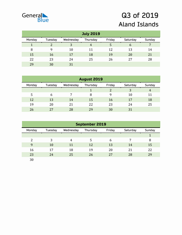 Quarterly Calendar 2019 with Aland Islands Holidays