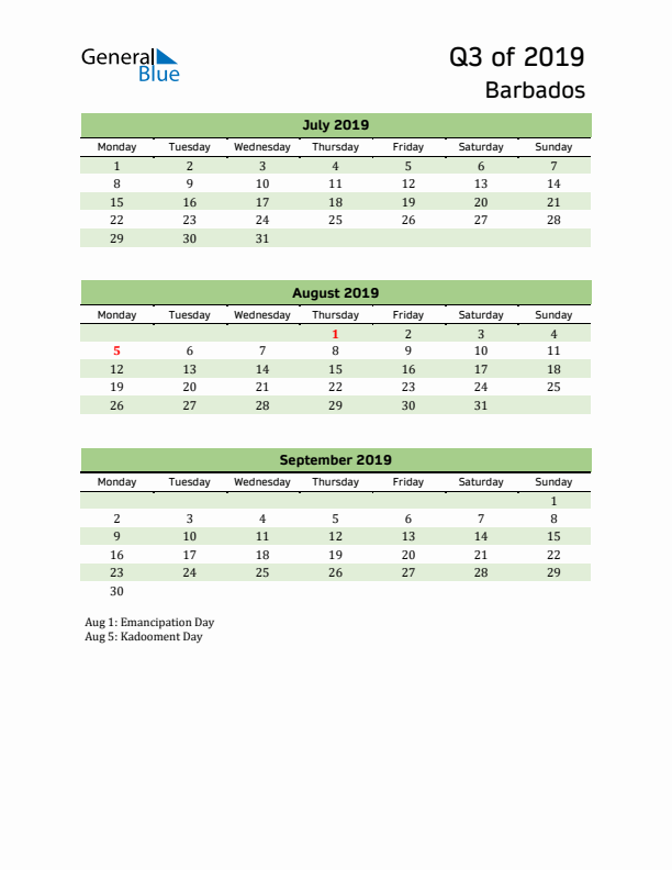 Quarterly Calendar 2019 with Barbados Holidays