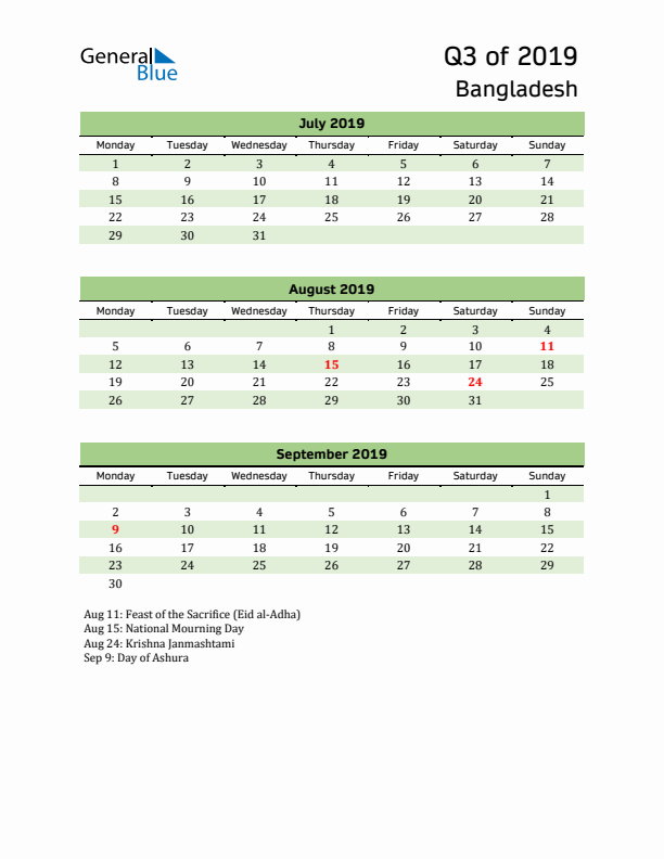 Quarterly Calendar 2019 with Bangladesh Holidays