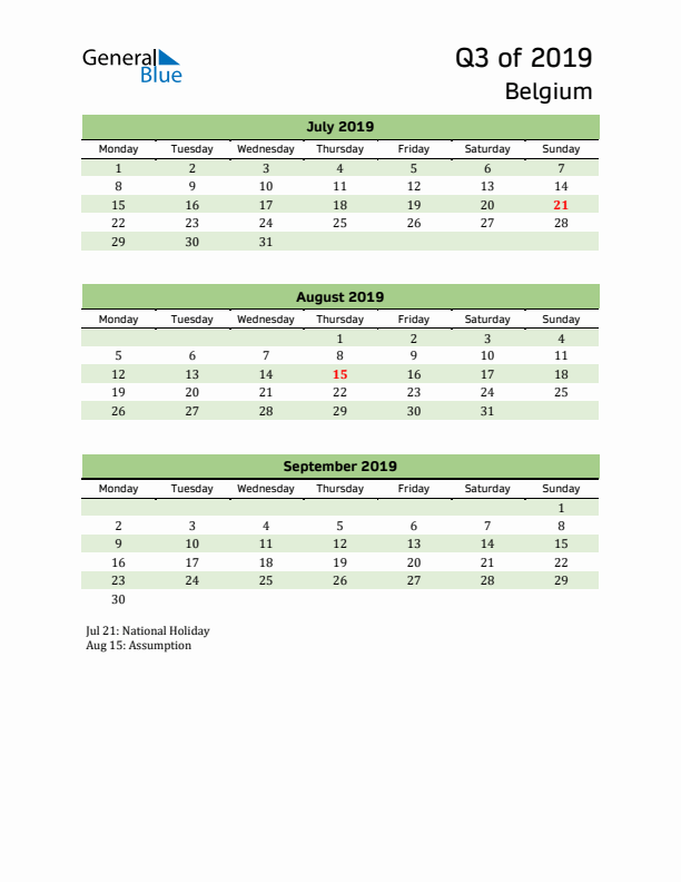 Quarterly Calendar 2019 with Belgium Holidays