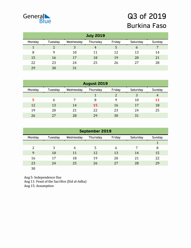 Quarterly Calendar 2019 with Burkina Faso Holidays