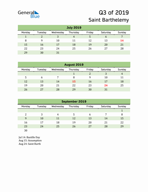 Quarterly Calendar 2019 with Saint Barthelemy Holidays