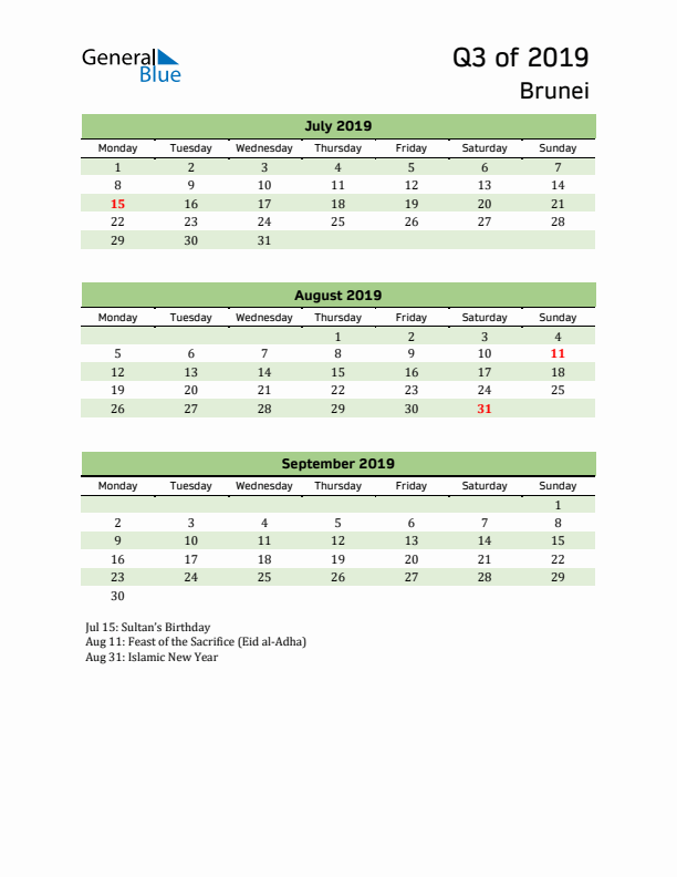 Quarterly Calendar 2019 with Brunei Holidays