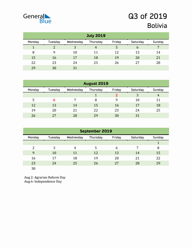 Quarterly Calendar 2019 with Bolivia Holidays