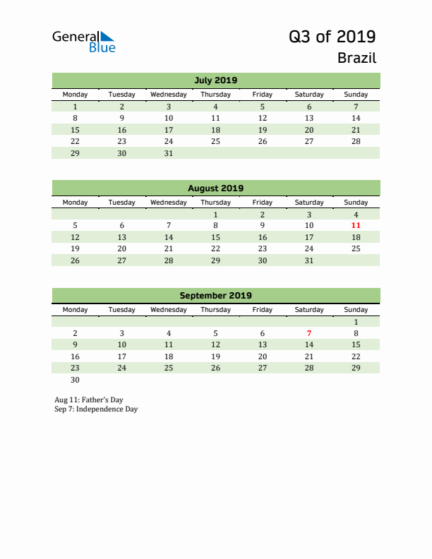 Quarterly Calendar 2019 with Brazil Holidays