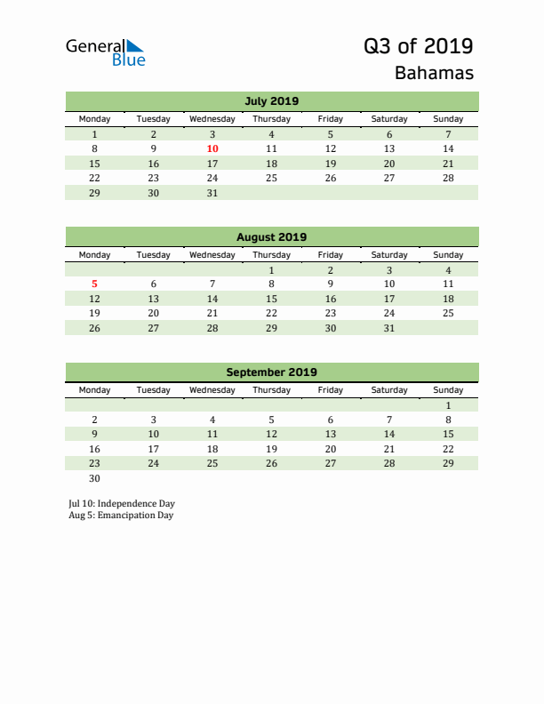 Quarterly Calendar 2019 with Bahamas Holidays