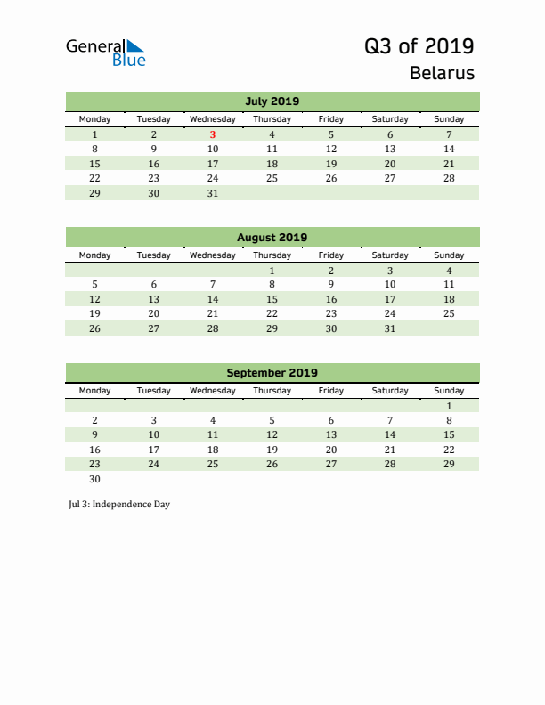 Quarterly Calendar 2019 with Belarus Holidays