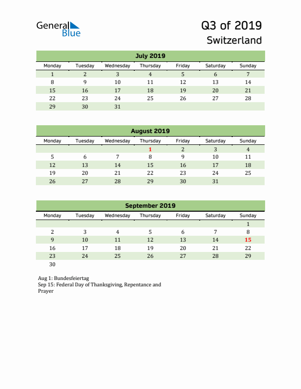 Quarterly Calendar 2019 with Switzerland Holidays