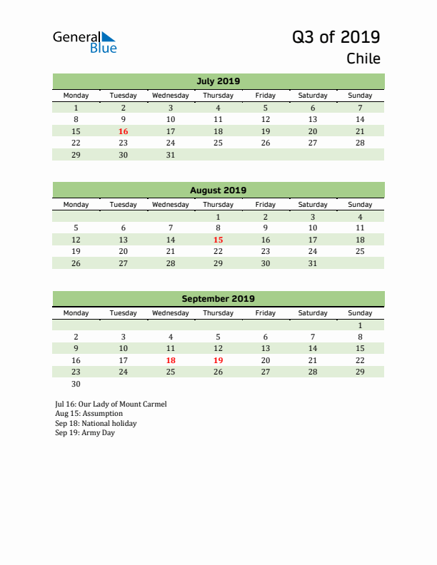 Quarterly Calendar 2019 with Chile Holidays