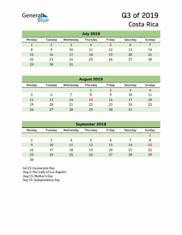 Quarterly Calendar 2019 with Costa Rica Holidays