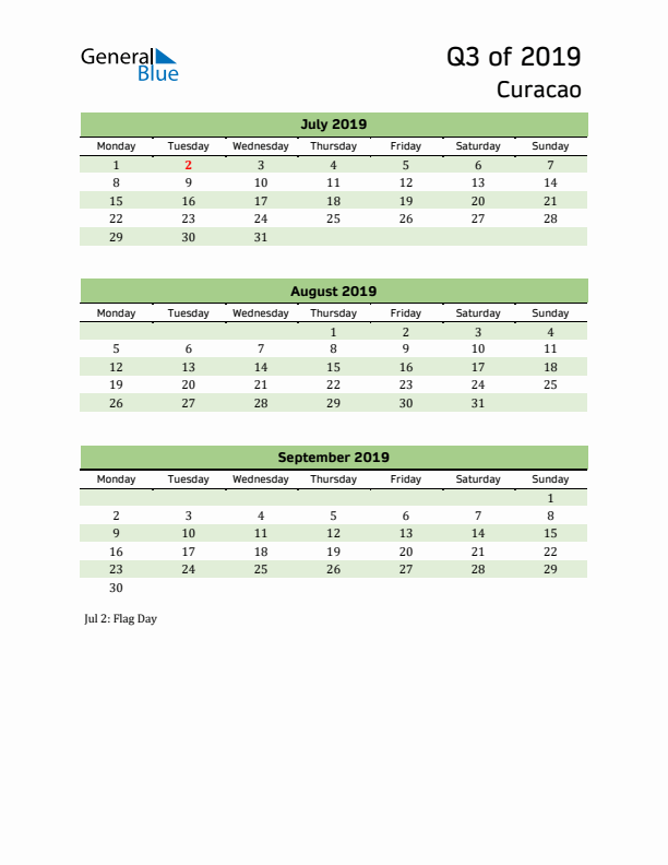 Quarterly Calendar 2019 with Curacao Holidays