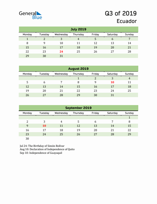 Quarterly Calendar 2019 with Ecuador Holidays