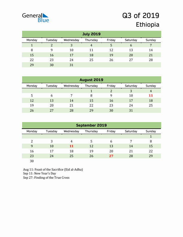 Quarterly Calendar 2019 with Ethiopia Holidays