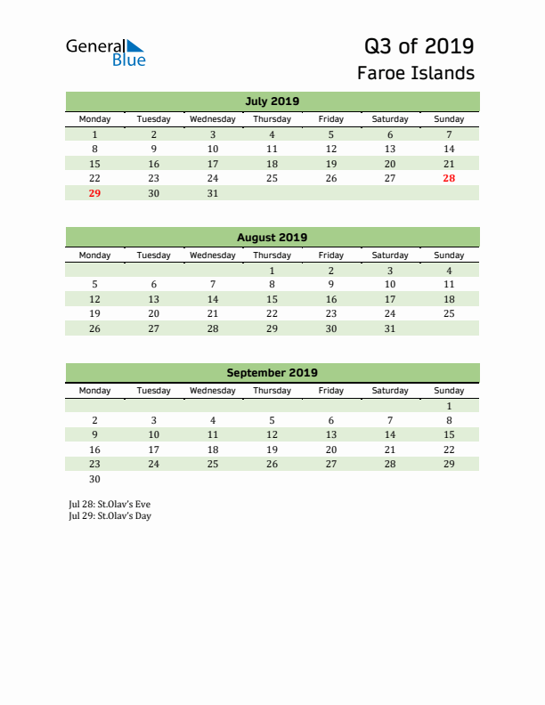 Quarterly Calendar 2019 with Faroe Islands Holidays