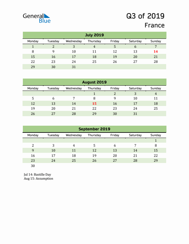 Quarterly Calendar 2019 with France Holidays