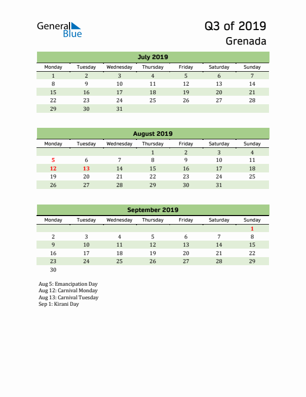 Quarterly Calendar 2019 with Grenada Holidays