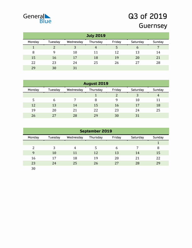 Quarterly Calendar 2019 with Guernsey Holidays