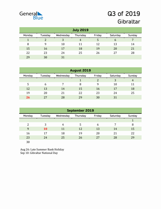 Quarterly Calendar 2019 with Gibraltar Holidays