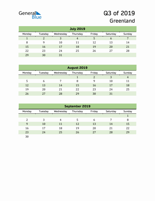 Quarterly Calendar 2019 with Greenland Holidays