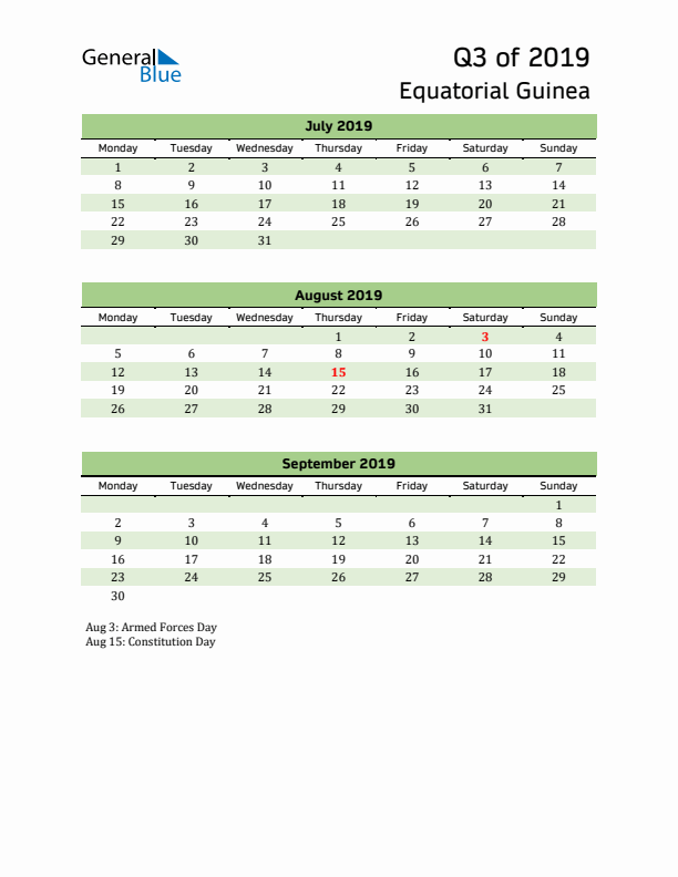 Quarterly Calendar 2019 with Equatorial Guinea Holidays