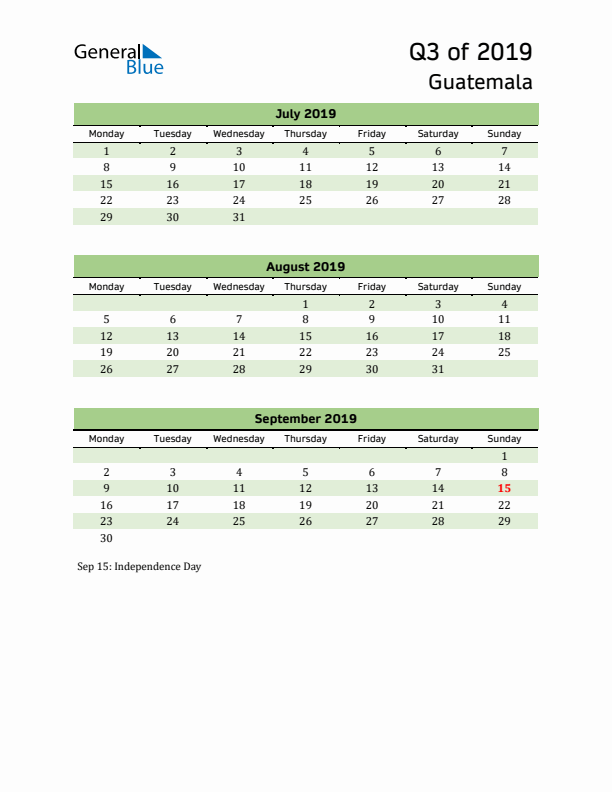 Quarterly Calendar 2019 with Guatemala Holidays