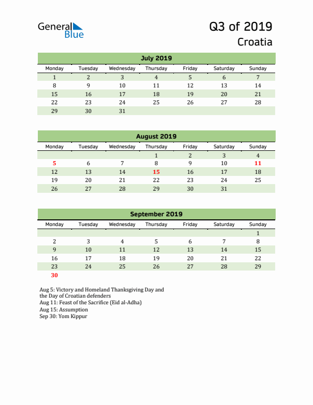 Quarterly Calendar 2019 with Croatia Holidays