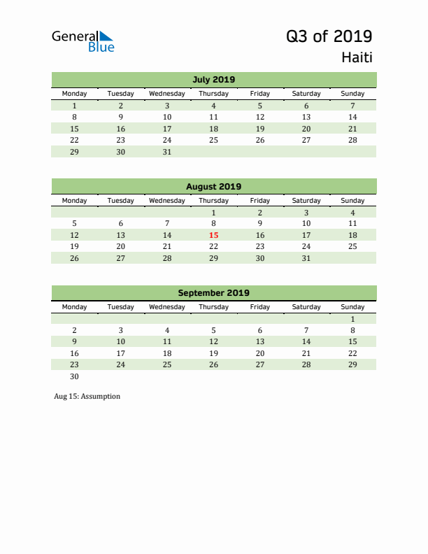 Quarterly Calendar 2019 with Haiti Holidays