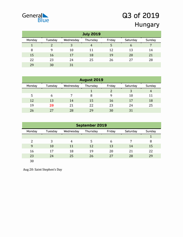 Quarterly Calendar 2019 with Hungary Holidays