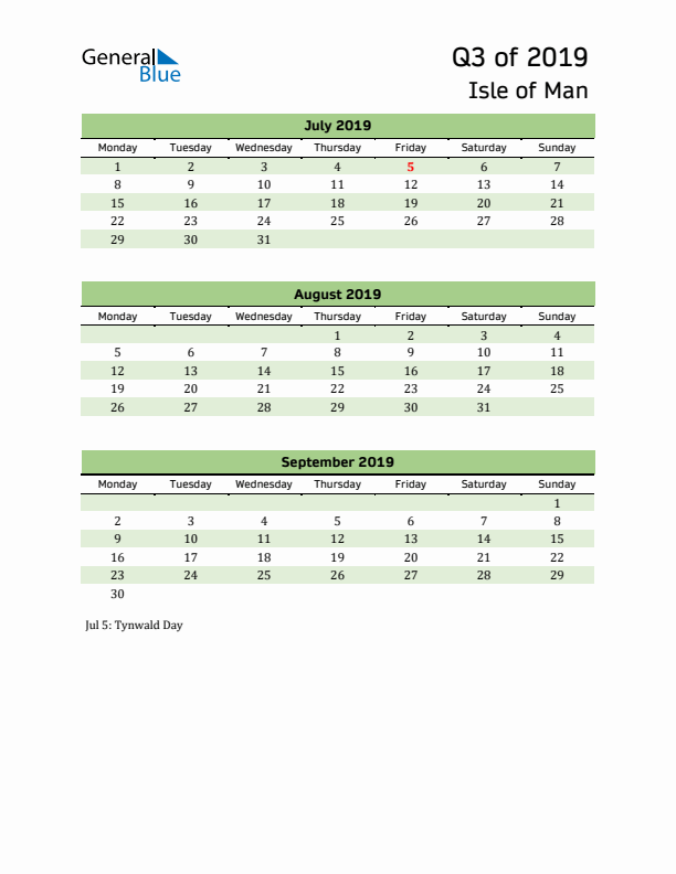 Quarterly Calendar 2019 with Isle of Man Holidays