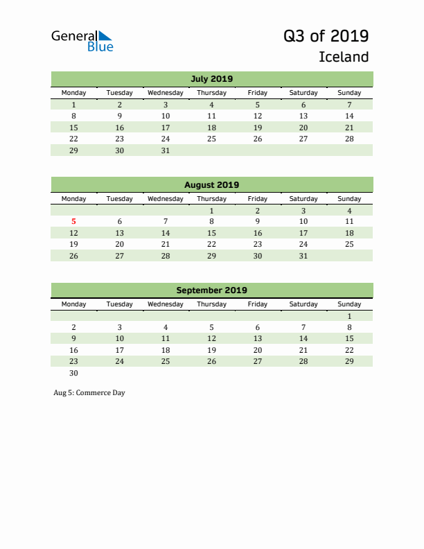 Quarterly Calendar 2019 with Iceland Holidays